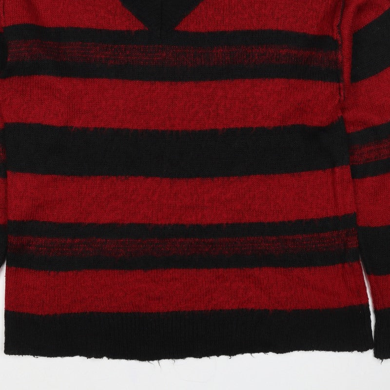 Collusion Men's Red Black Striped V-Neck Knit Pullover Jumper 2XS