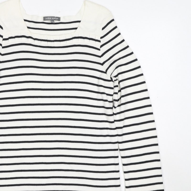 Laura Ashley Women White Black Stripe Red Trim Jumper UK 14 Square Neck