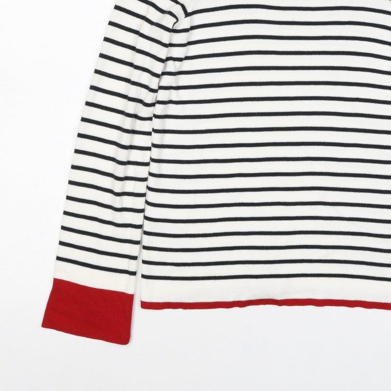 Laura Ashley Women White Black Stripe Red Trim Jumper UK 14 Square Neck