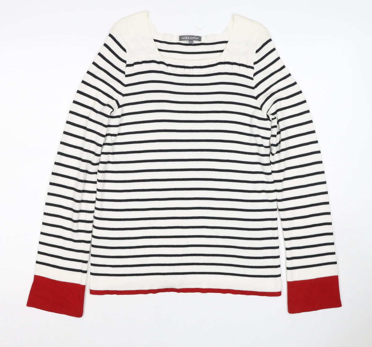 Laura Ashley Women White Black Stripe Red Trim Jumper UK 14 Square Neck