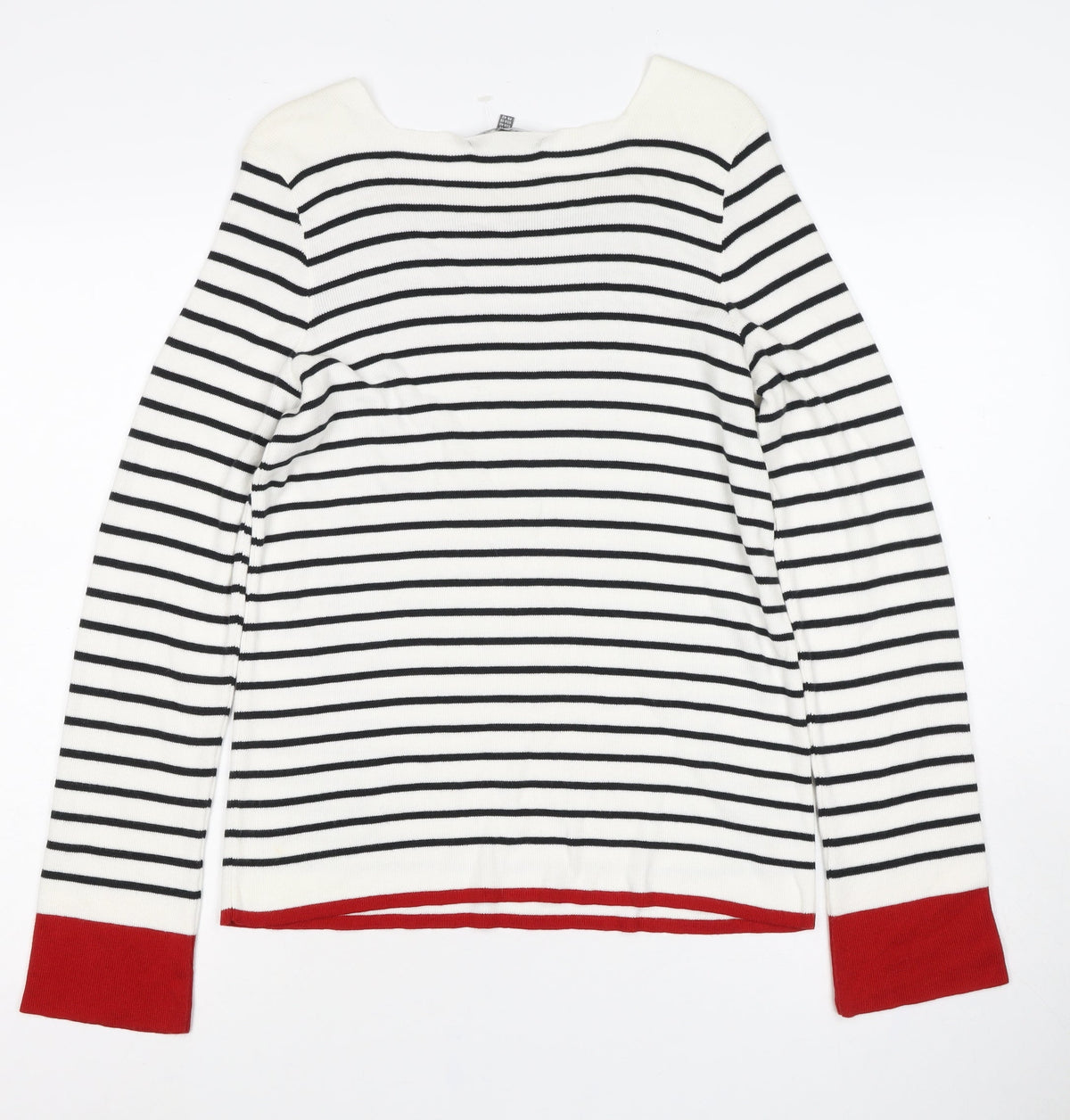 Laura Ashley Women White Black Stripe Red Trim Jumper UK 14 Square Neck