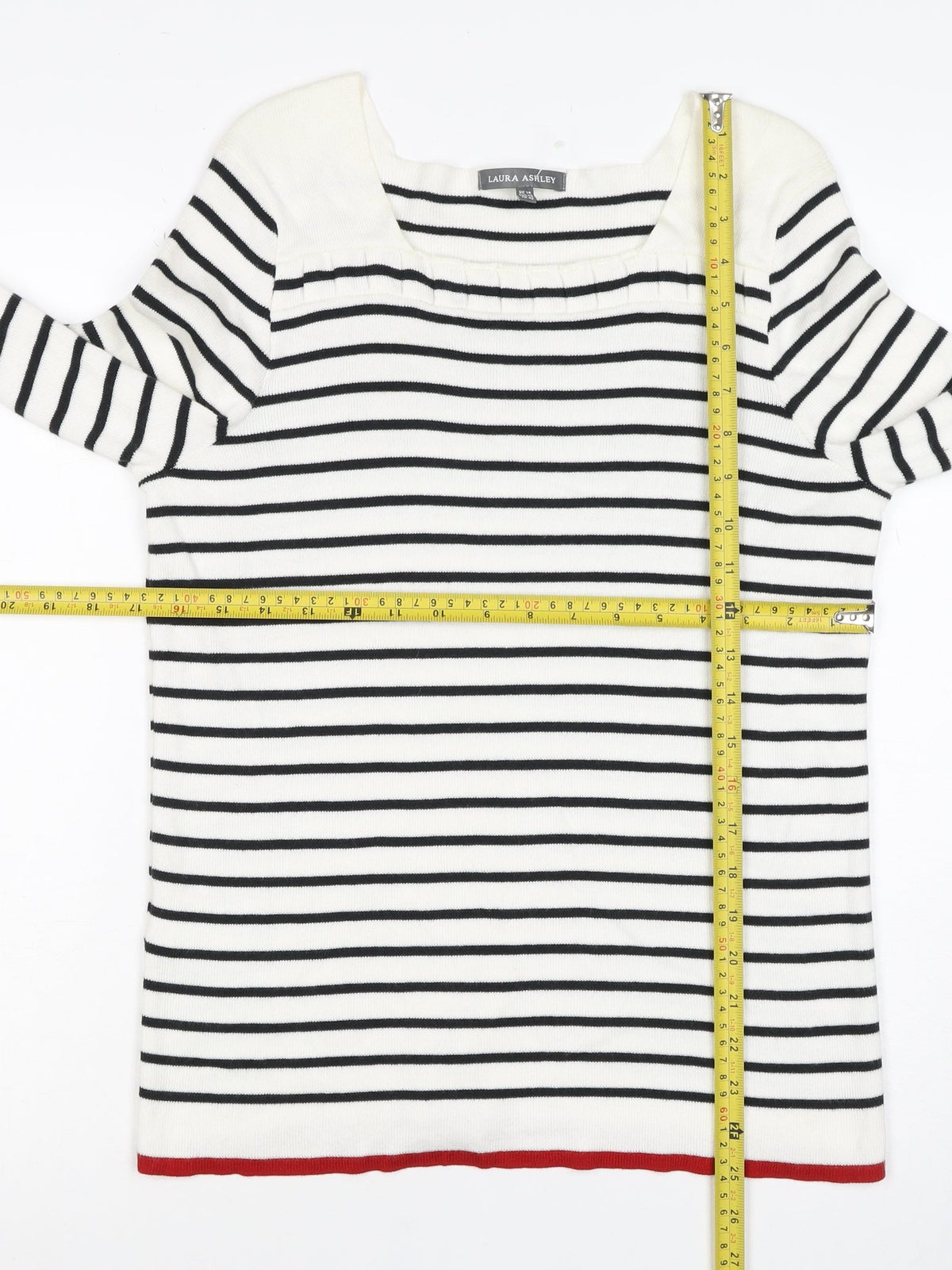 Laura Ashley Women White Black Stripe Red Trim Jumper UK 14 Square Neck