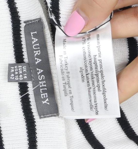 Laura Ashley Women White Black Stripe Red Trim Jumper UK 14 Square Neck