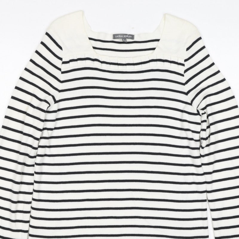 Laura Ashley Women White Black Stripe Red Trim Jumper UK 14 Square Neck
