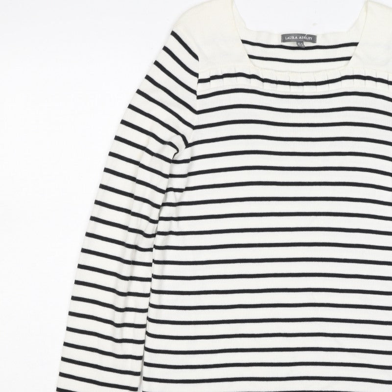 Laura Ashley Women White Black Stripe Red Trim Jumper UK 14 Square Neck