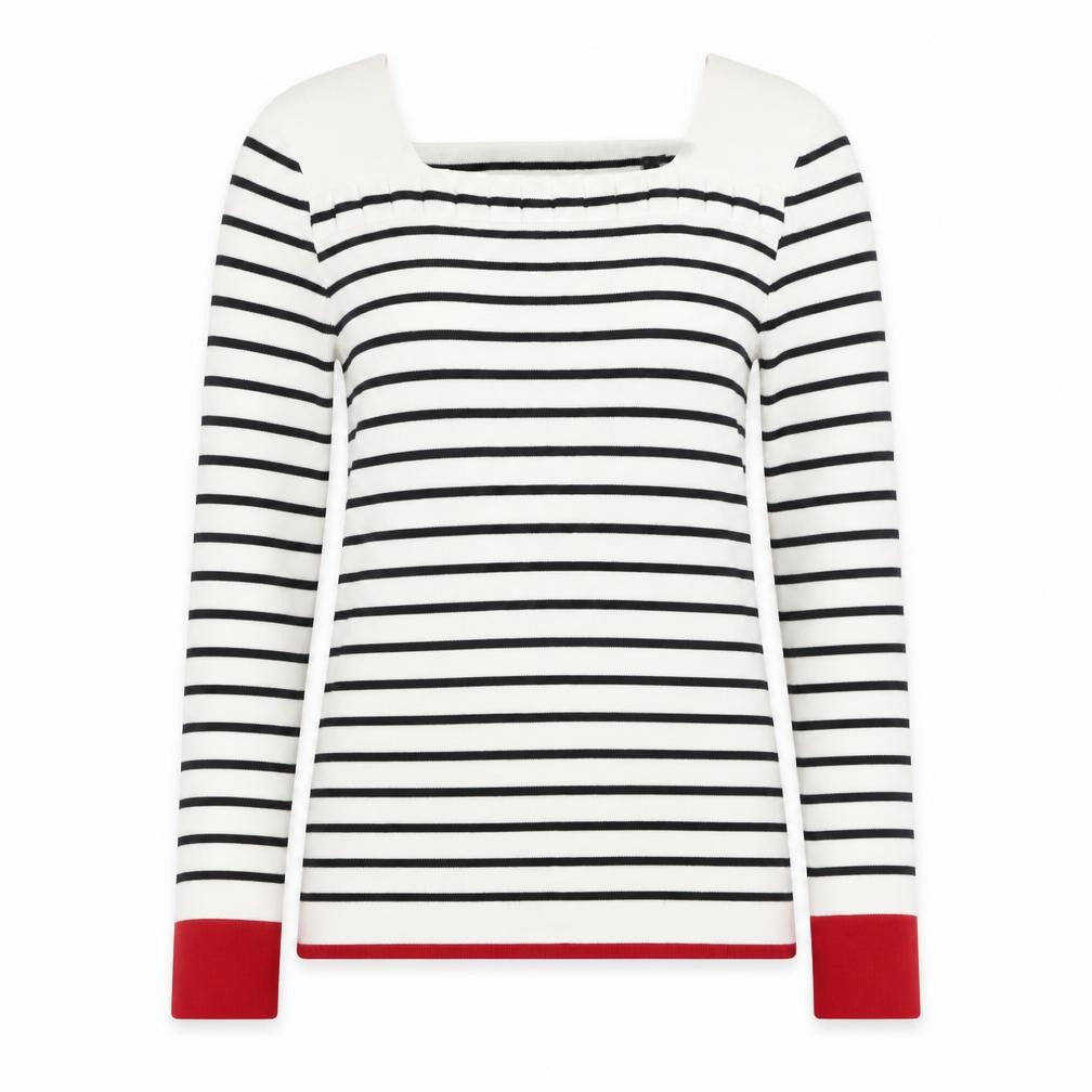Laura Ashley Women White Black Stripe Red Trim Jumper UK 14 Square Neck