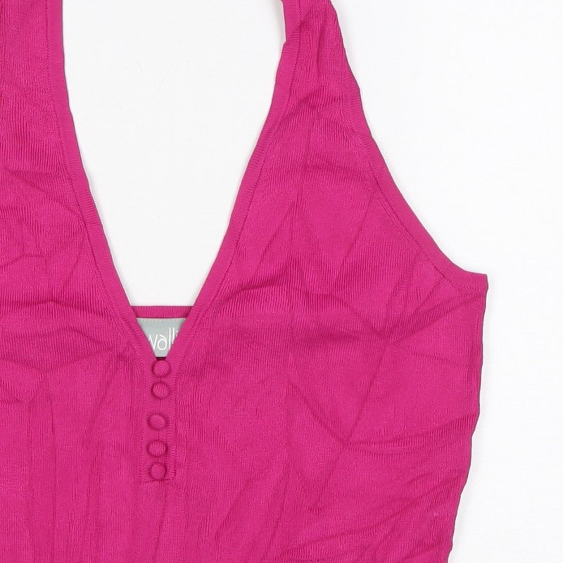 Wallis Women Pink UK 12 Halter V-Neck Knit Button Tank Top