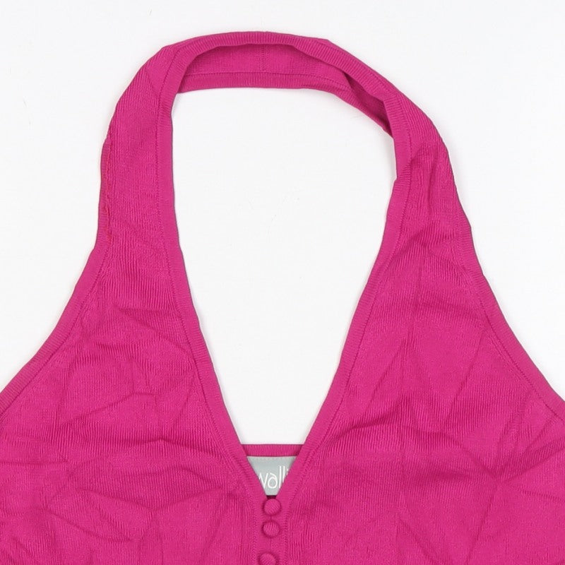 Wallis Women Pink UK 12 Halter V-Neck Knit Button Tank Top