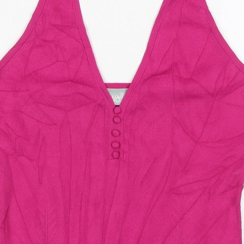 Wallis Women Pink UK 12 Halter V-Neck Knit Button Tank Top