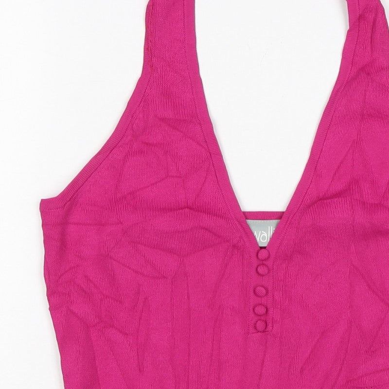 Wallis Women Pink UK 12 Halter V-Neck Knit Button Tank Top