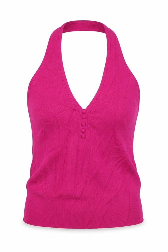 Wallis Women Pink UK 12 Halter V-Neck Knit Button Tank Top