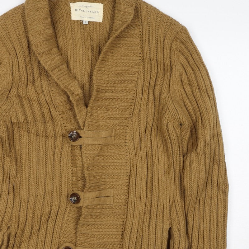 River Island Women Brown S Chunky Knit Shawl Collar Button Cardigan