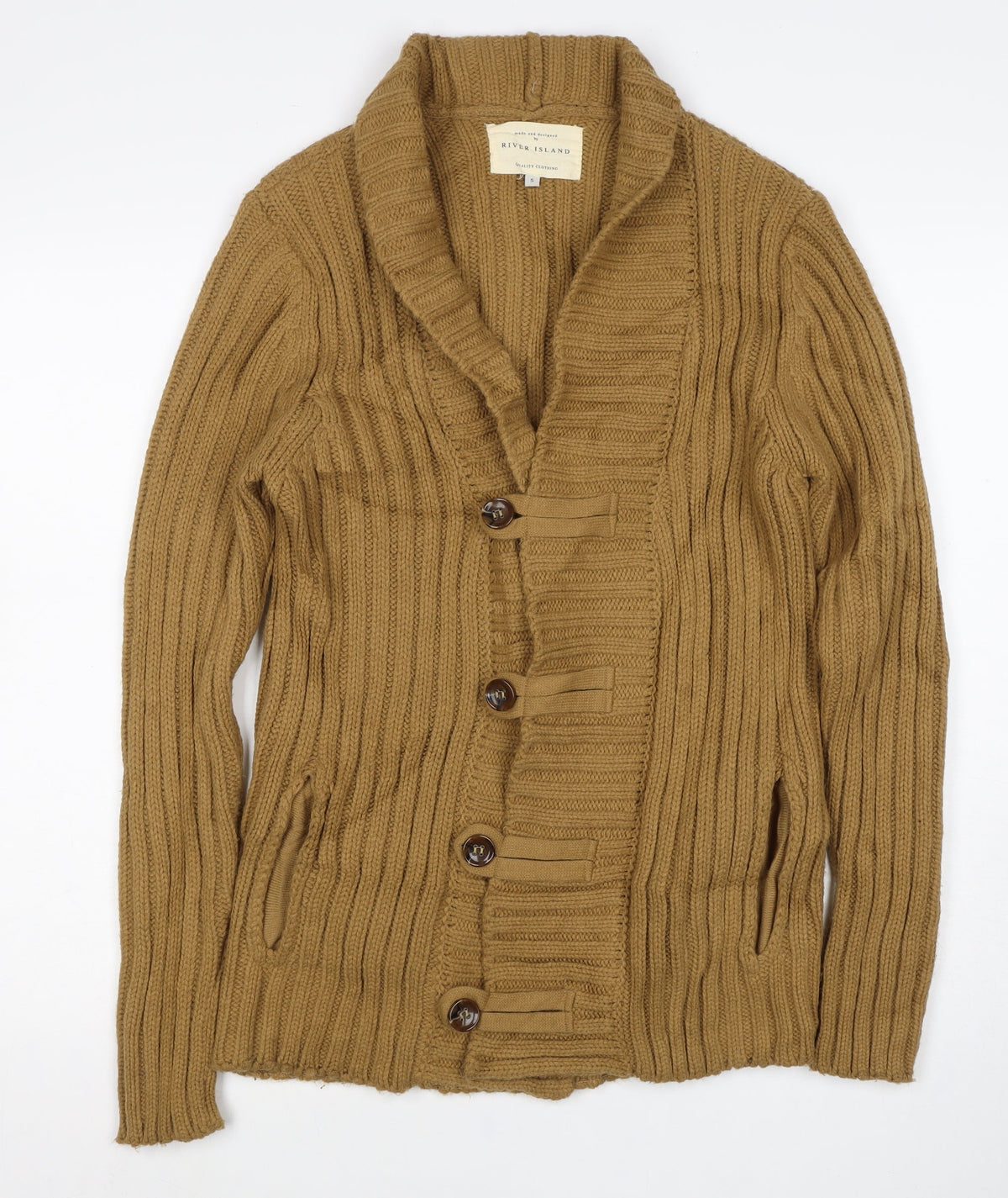 River Island Women Brown S Chunky Knit Shawl Collar Button Cardigan