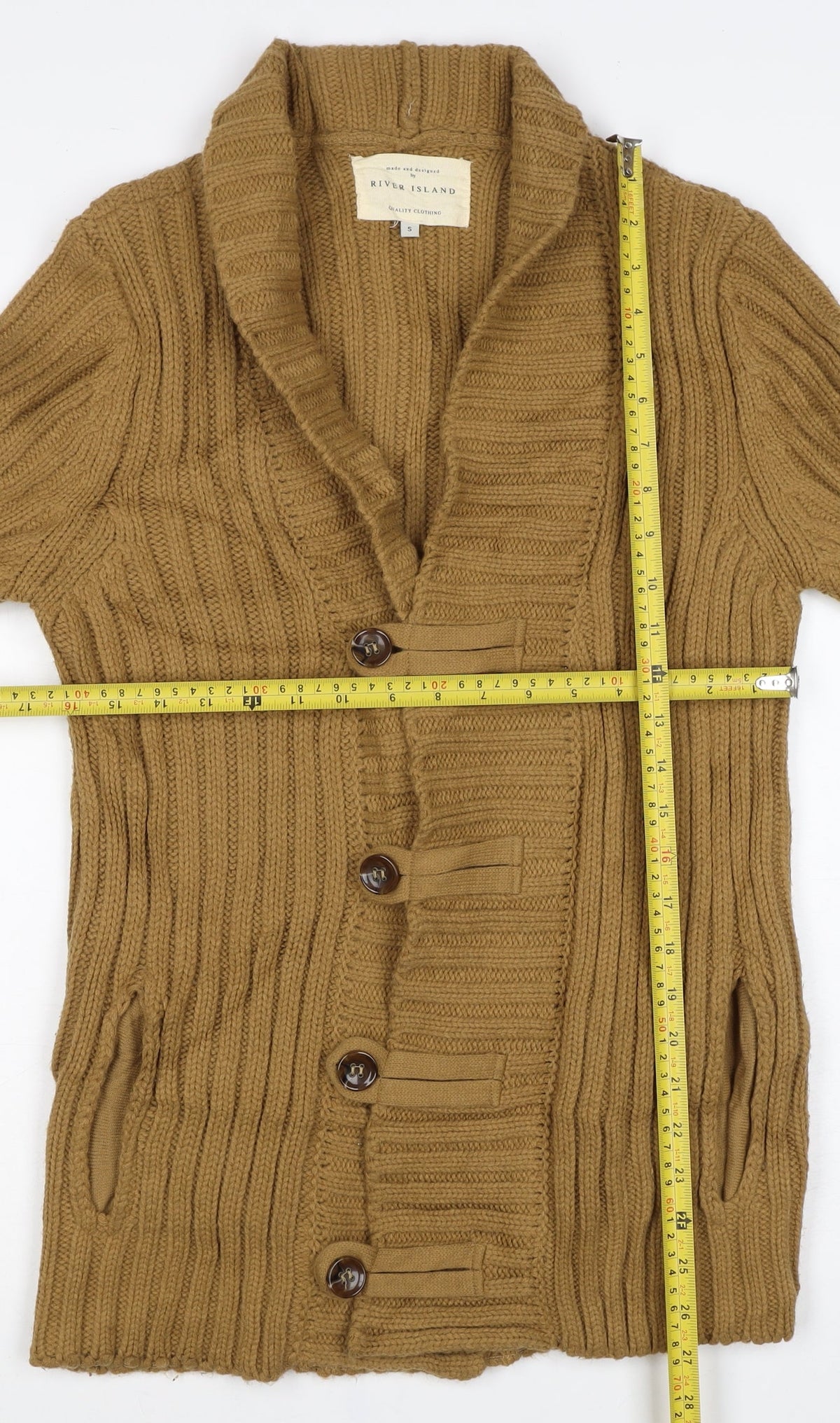 River Island Women Brown S Chunky Knit Shawl Collar Button Cardigan