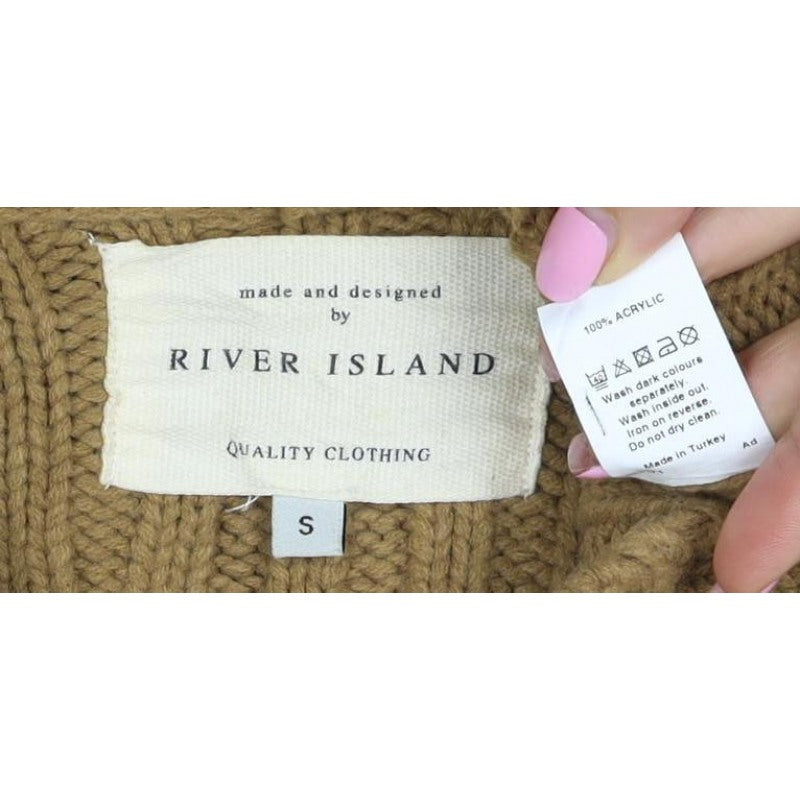 River Island Women Brown S Chunky Knit Shawl Collar Button Cardigan