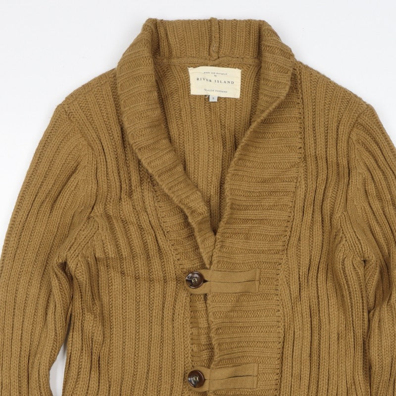 River Island Women Brown S Chunky Knit Shawl Collar Button Cardigan