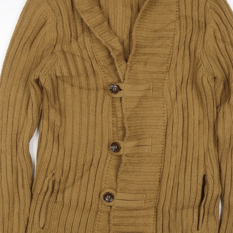 River Island Women Brown S Chunky Knit Shawl Collar Button Cardigan