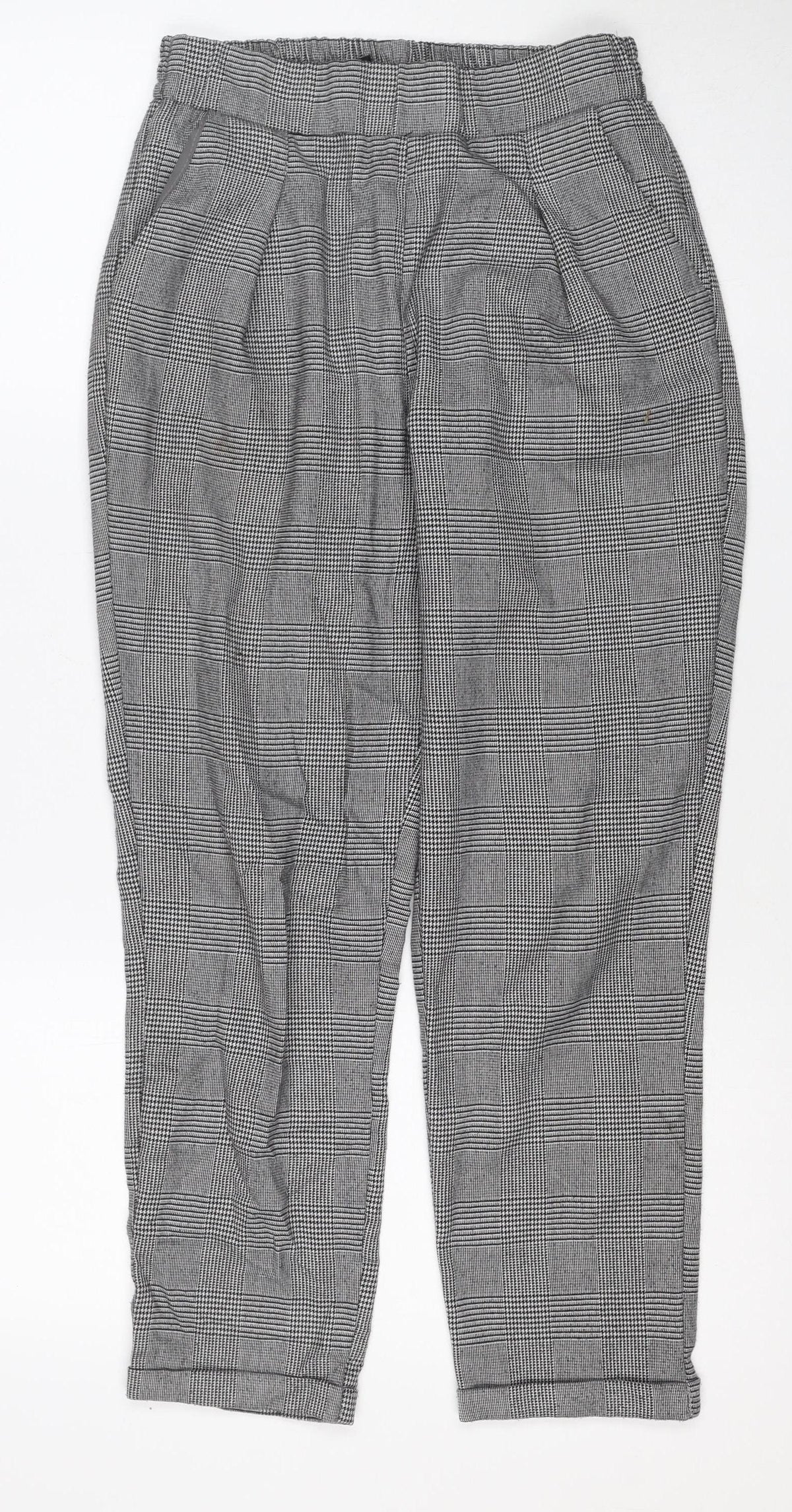 Stradivarius Women Grey Check Tapered Elastic Waist Trousers Size S