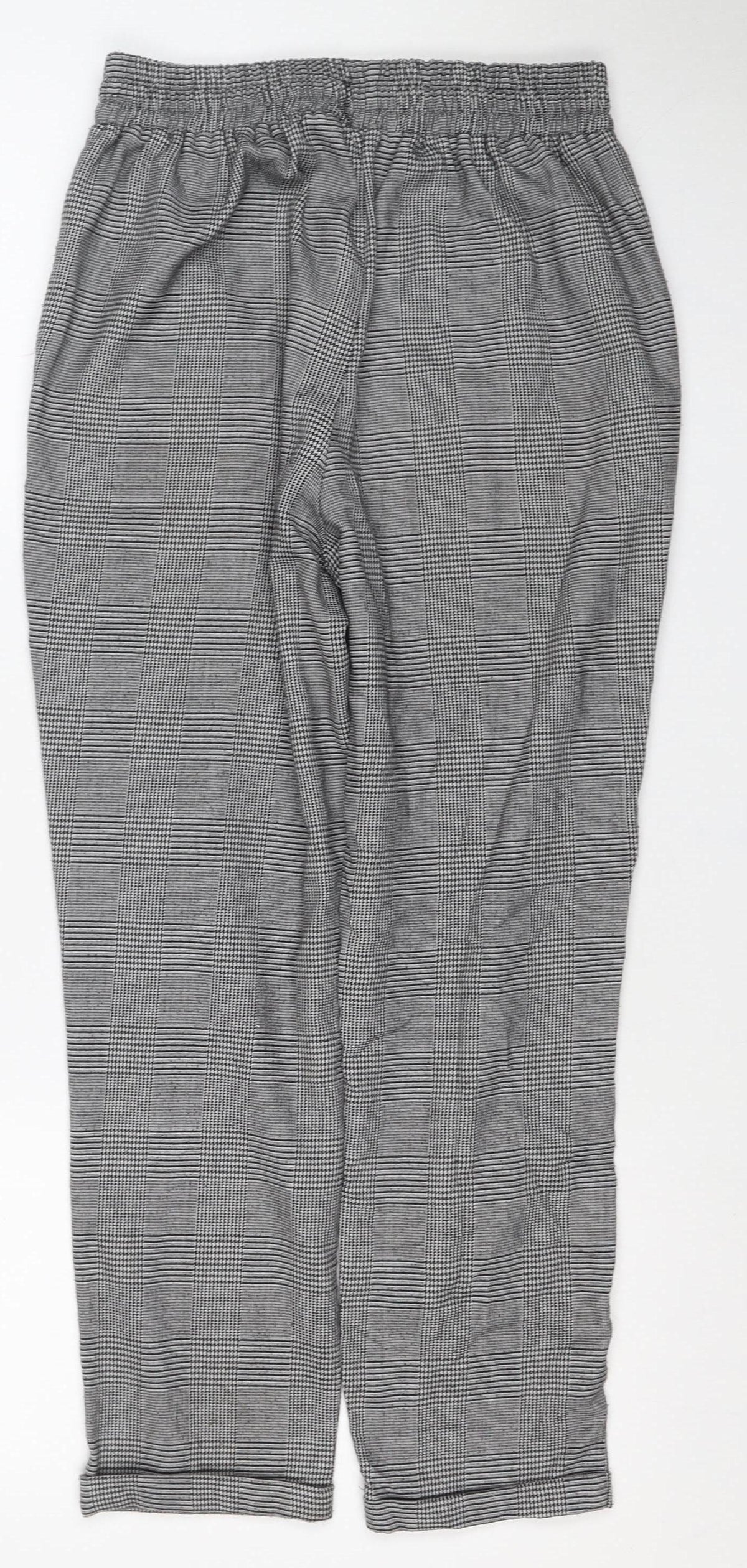 Stradivarius Women Grey Check Tapered Elastic Waist Trousers Size S