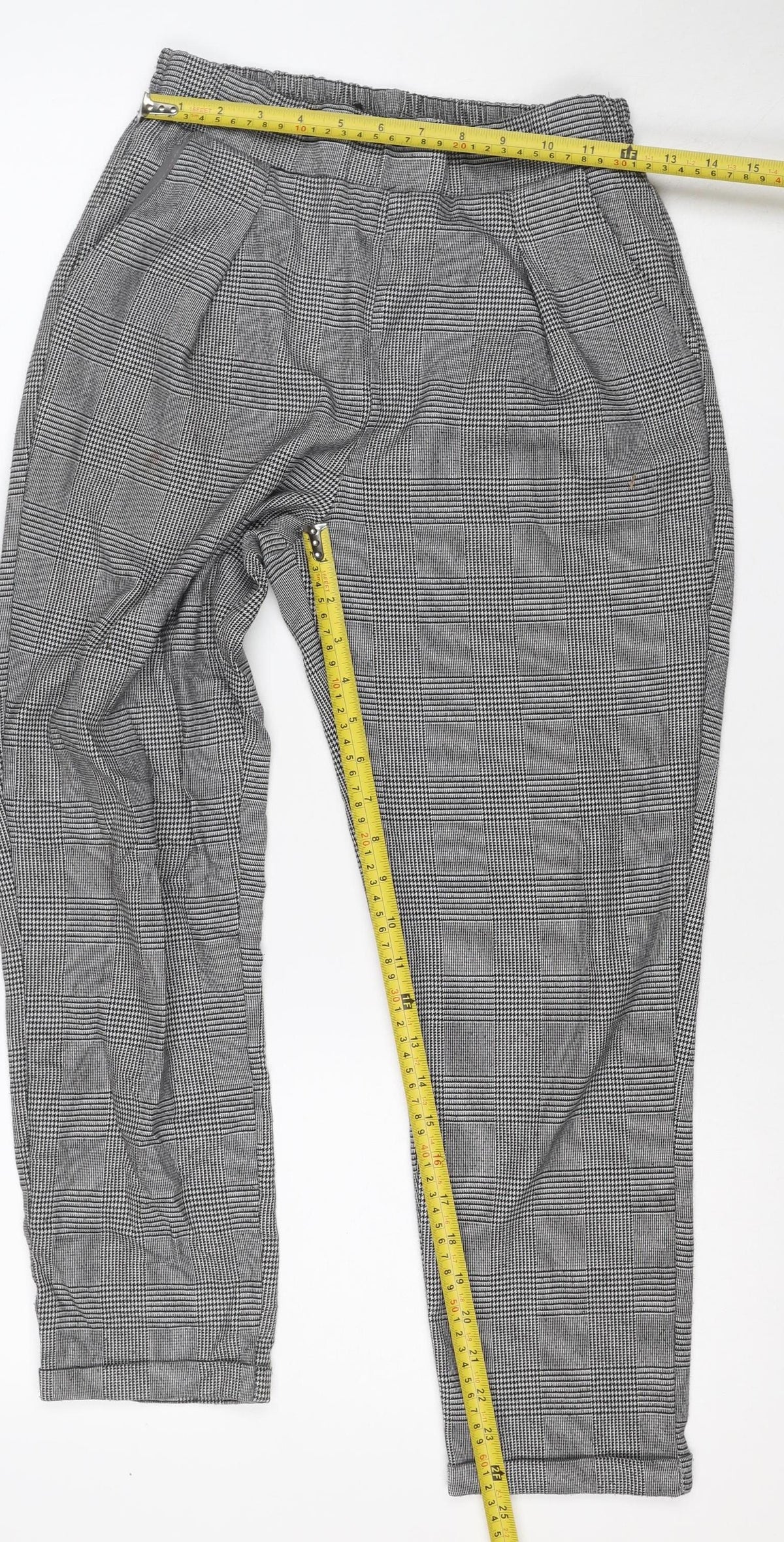 Stradivarius Women Grey Check Tapered Elastic Waist Trousers Size S