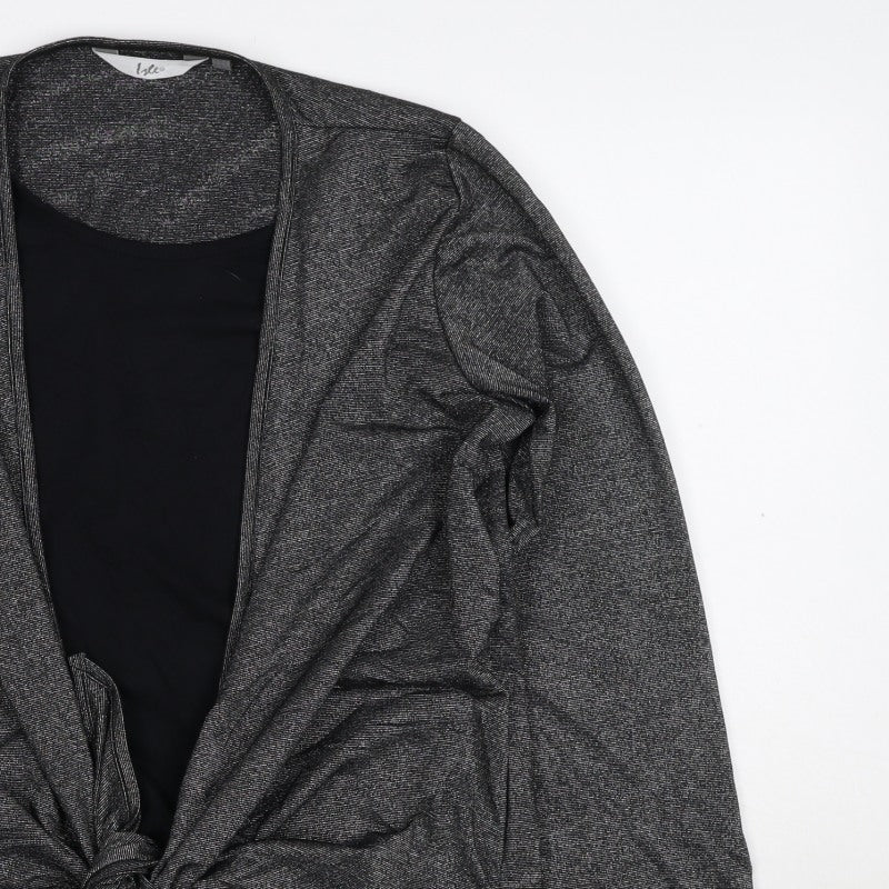 Isle Women Black Silver Metallic Tie Front Wrap Blouse M 14-16 Long Sleeve
