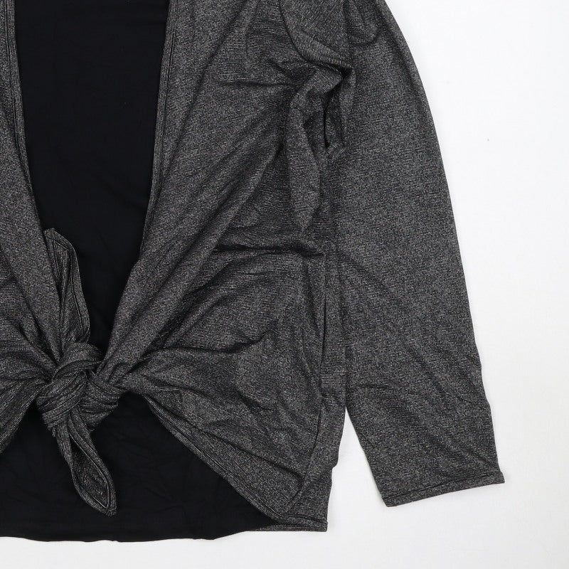 Isle Women Black Silver Metallic Tie Front Wrap Blouse M 14-16 Long Sleeve