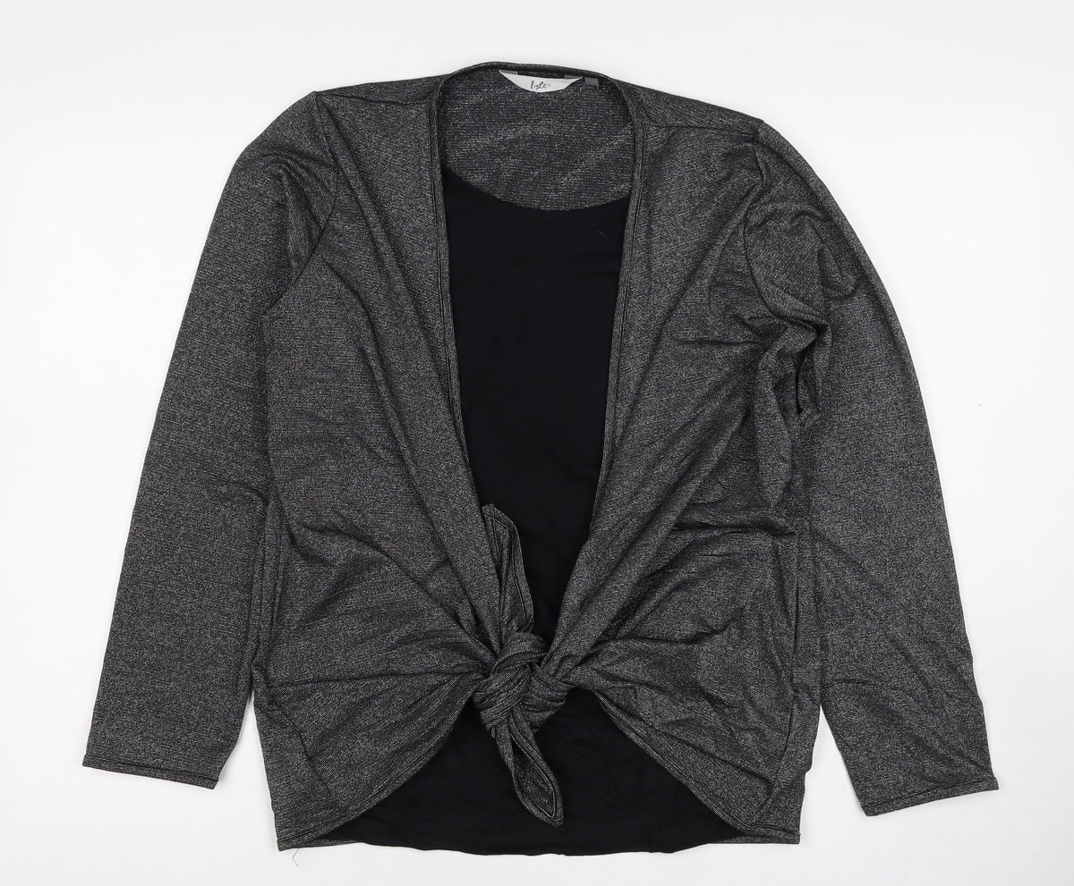 Isle Women Black Silver Metallic Tie Front Wrap Blouse M 14-16 Long Sleeve