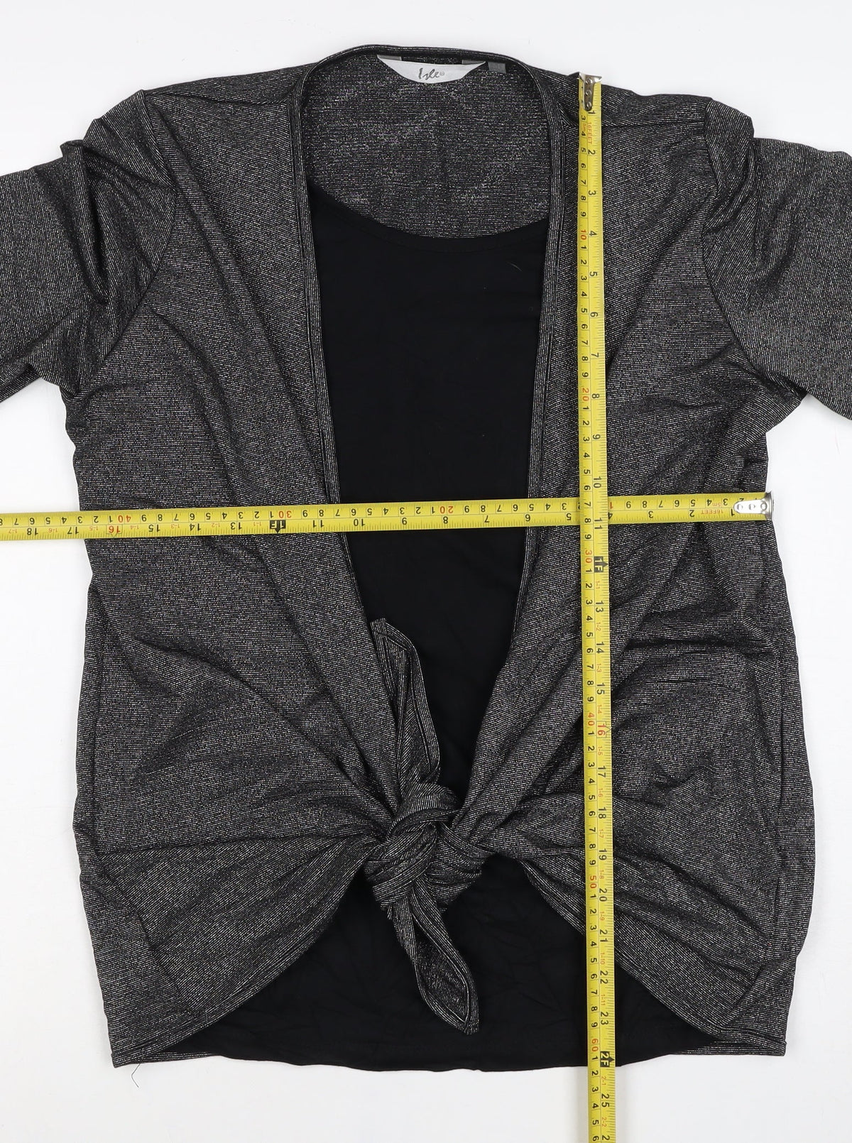 Isle Women Black Silver Metallic Tie Front Wrap Blouse M 14-16 Long Sleeve