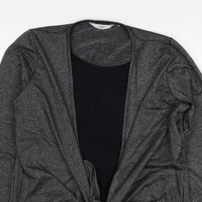 Isle Women Black Silver Metallic Tie Front Wrap Blouse M 14-16 Long Sleeve