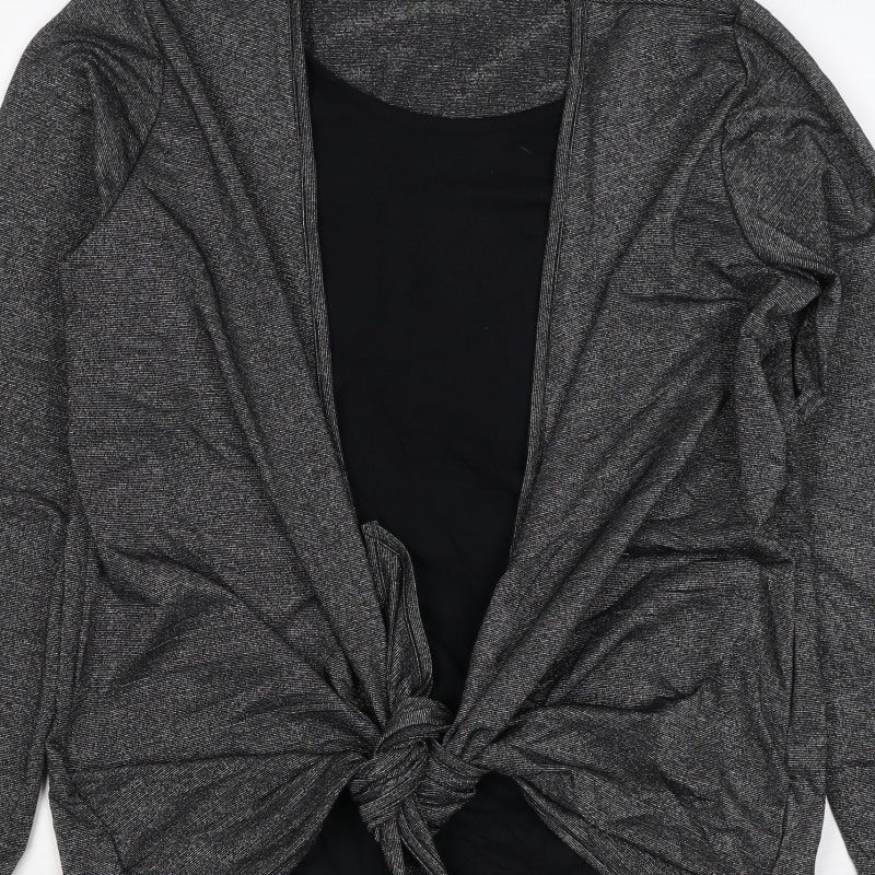 Isle Women Black Silver Metallic Tie Front Wrap Blouse M 14-16 Long Sleeve