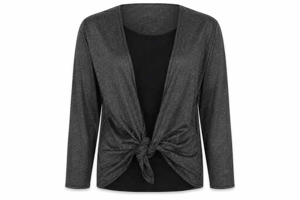 Isle Women Black Silver Metallic Tie Front Wrap Blouse M 14-16 Long Sleeve