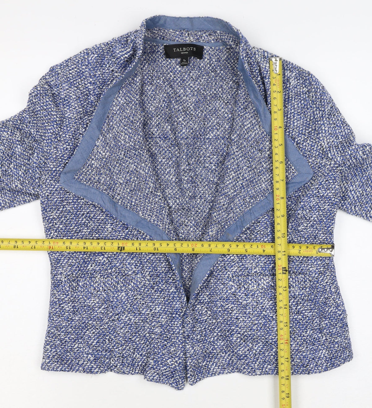 Talbots Women Blue Petite S Knit Open Front Blazer Jacket Short