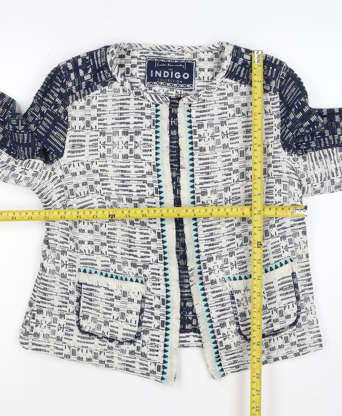 M&S Indigo Women’s Blue UK 12 Geometric Cropped Open Blazer Jacket