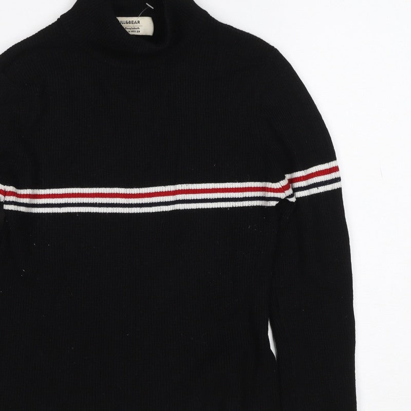 Pull&Bear Women Black M High Neck Striped Rib Knit Long Sleeve Top