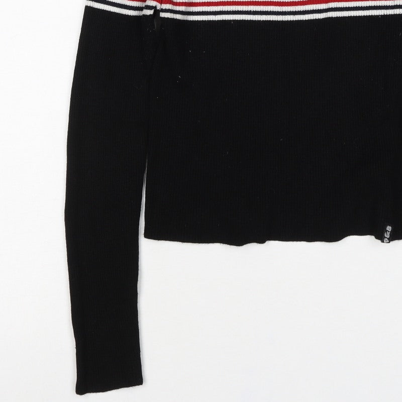 Pull&Bear Women Black M High Neck Striped Rib Knit Long Sleeve Top