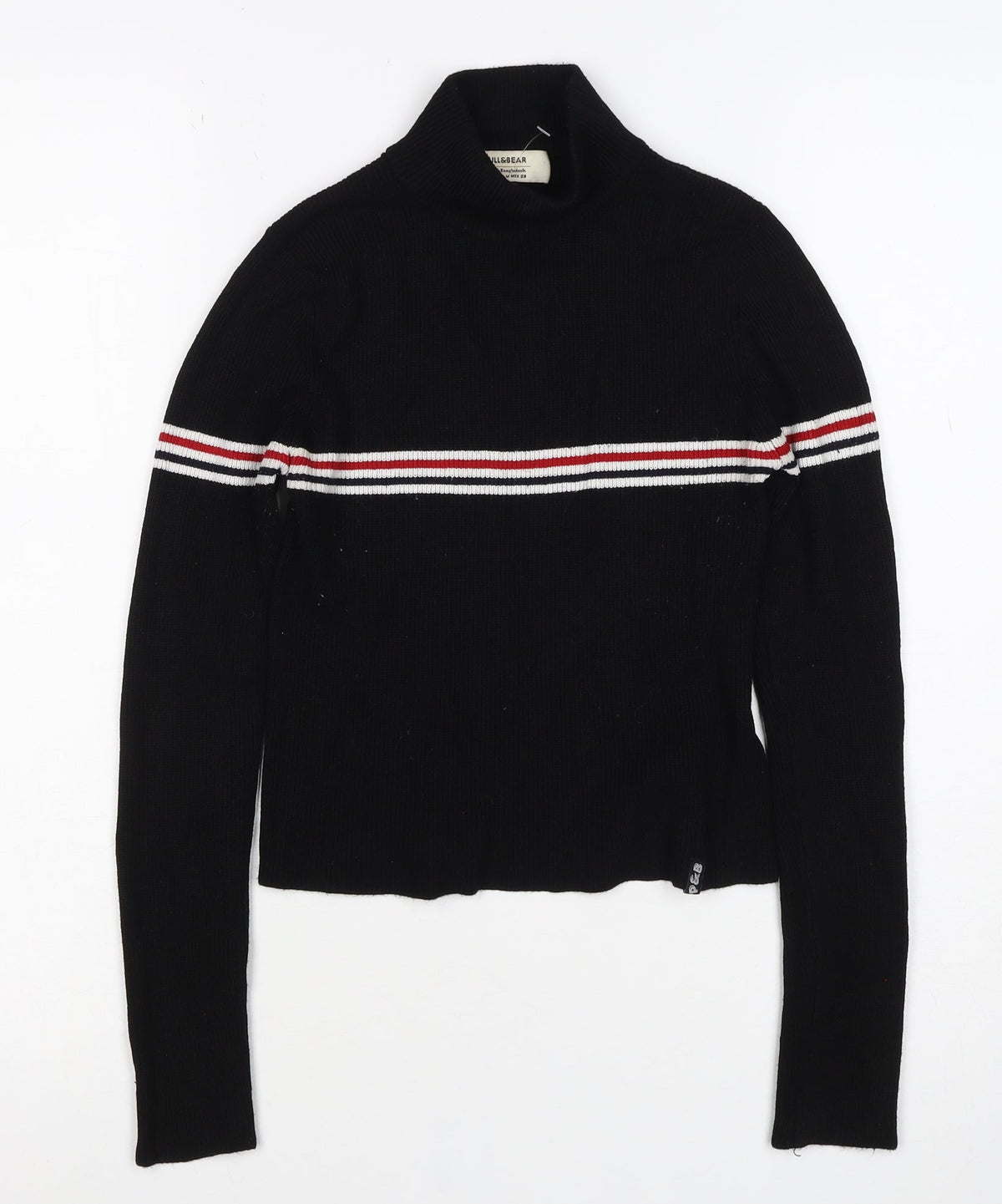 Pull&Bear Women Black M High Neck Striped Rib Knit Long Sleeve Top