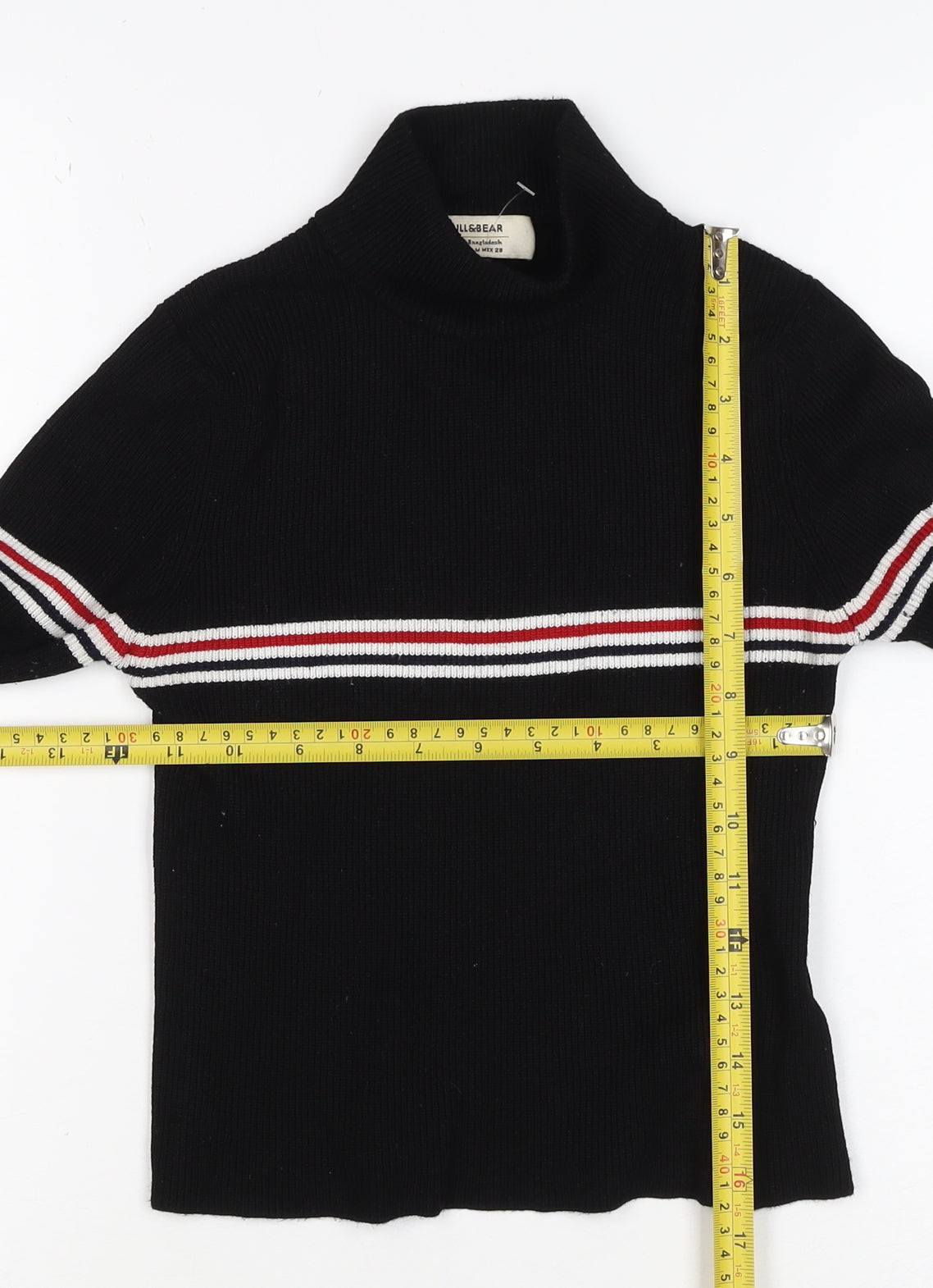 Pull&Bear Women Black M High Neck Striped Rib Knit Long Sleeve Top