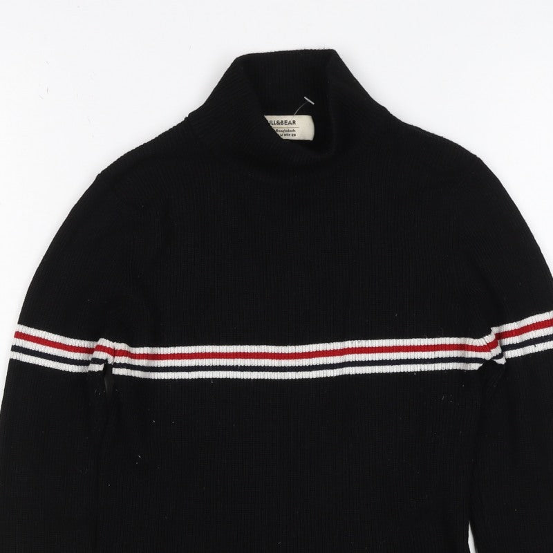 Pull&Bear Women Black M High Neck Striped Rib Knit Long Sleeve Top