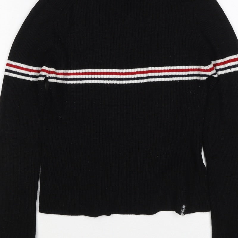 Pull&Bear Women Black M High Neck Striped Rib Knit Long Sleeve Top