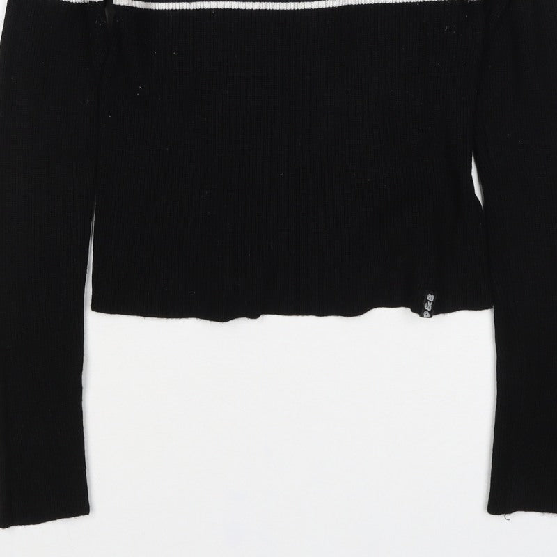 Pull&Bear Women Black M High Neck Striped Rib Knit Long Sleeve Top