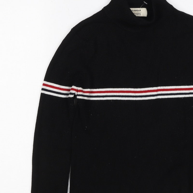Pull&Bear Women Black M High Neck Striped Rib Knit Long Sleeve Top