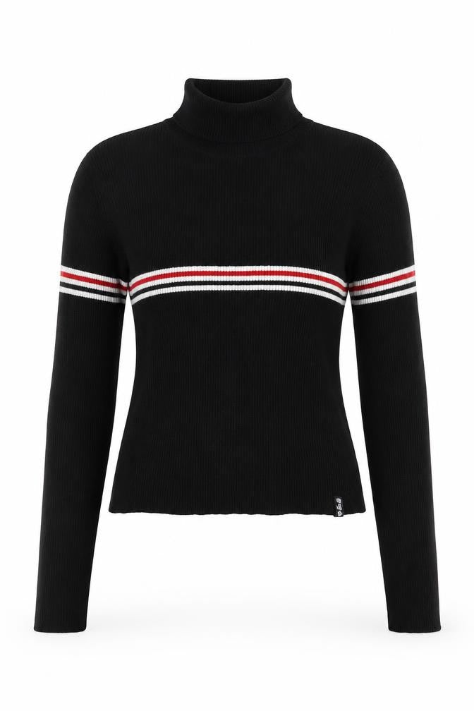 Pull&Bear Women Black M High Neck Striped Rib Knit Long Sleeve Top