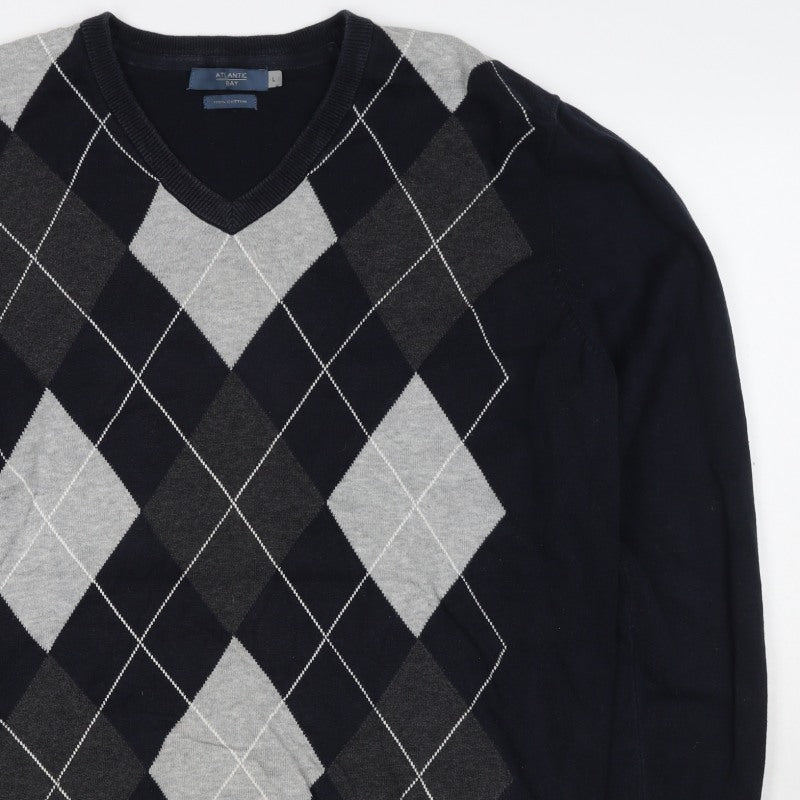 Atlantic Bay Men Black Grey Argyle V-Neck Cotton Jumper L