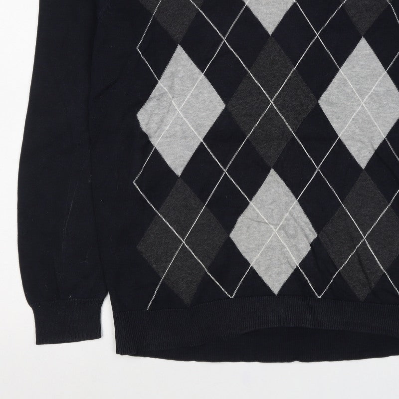 Atlantic Bay Men Black Grey Argyle V-Neck Cotton Jumper L