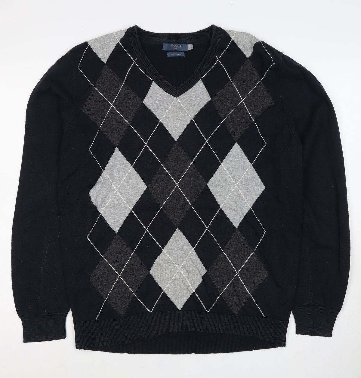Atlantic Bay Men Black Grey Argyle V-Neck Cotton Jumper L