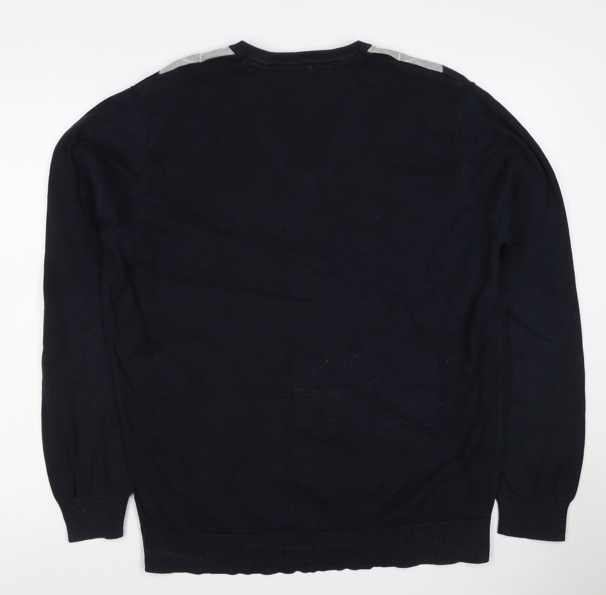Atlantic Bay Men Black Grey Argyle V-Neck Cotton Jumper L