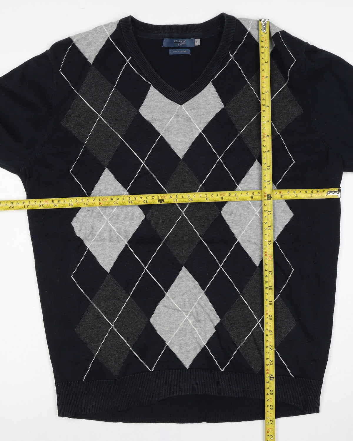 Atlantic Bay Men Black Grey Argyle V-Neck Cotton Jumper L