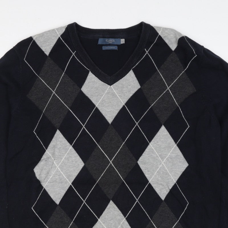 Atlantic Bay Men Black Grey Argyle V-Neck Cotton Jumper L