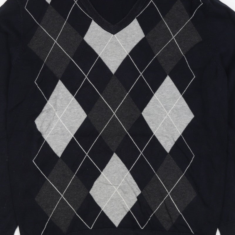 Atlantic Bay Men Black Grey Argyle V-Neck Cotton Jumper L