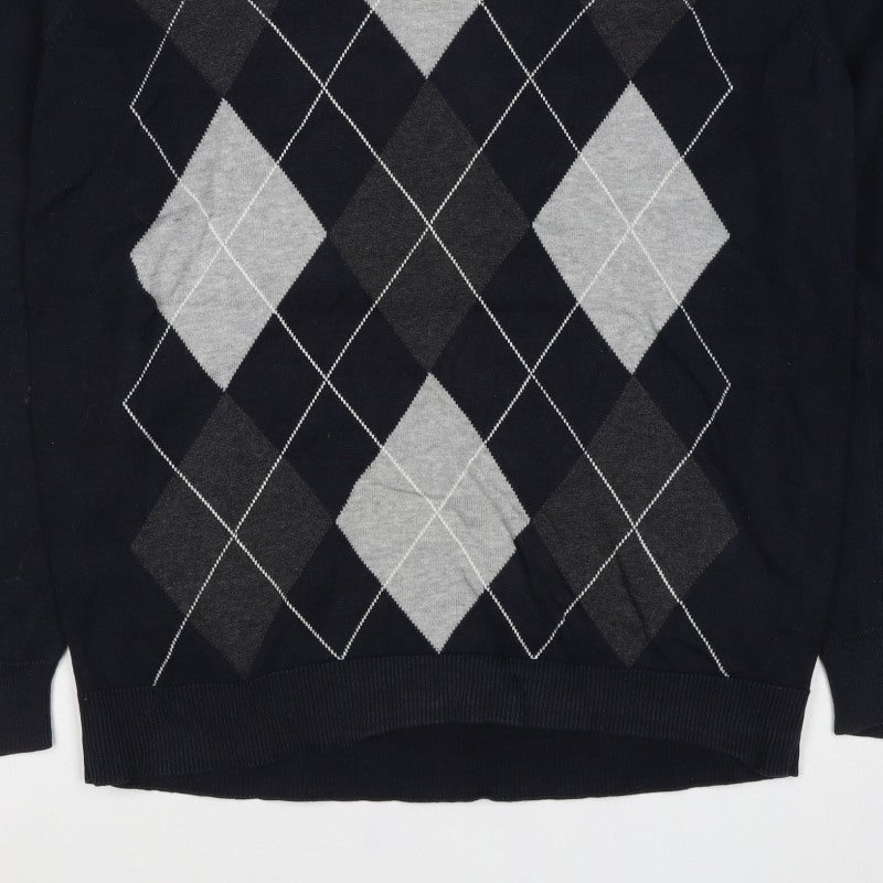 Atlantic Bay Men Black Grey Argyle V-Neck Cotton Jumper L